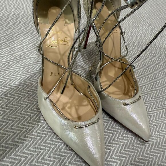 Christian Louboutin Cord Ankle  100mm Gold Lace-Up Heels Size 7.5 - Picture 7 of 15